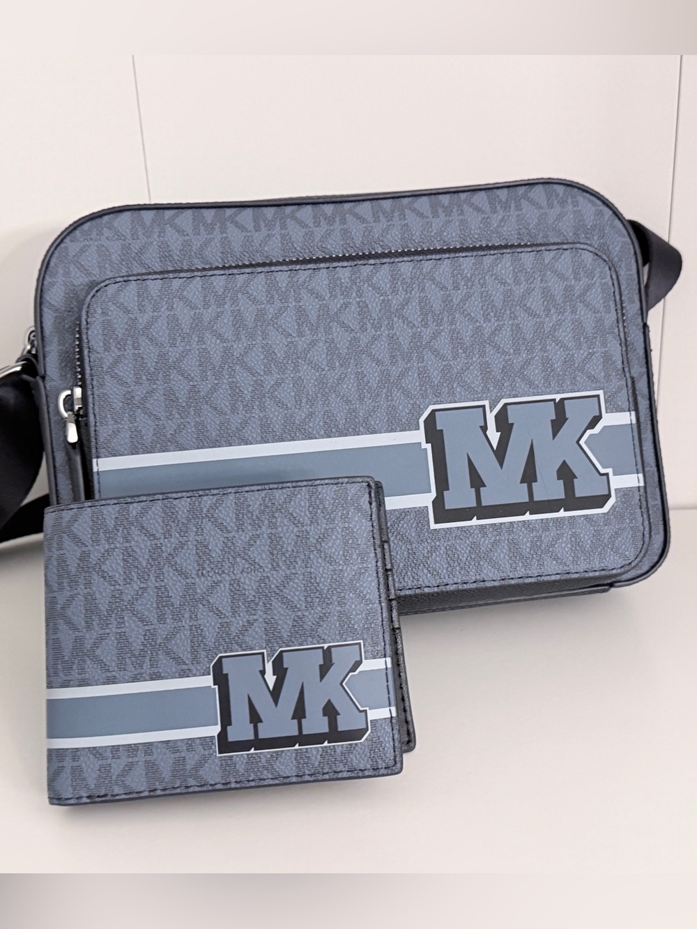 Michael Kors White and Blue MK Logo Men’s Crossbody and Wallet Set
